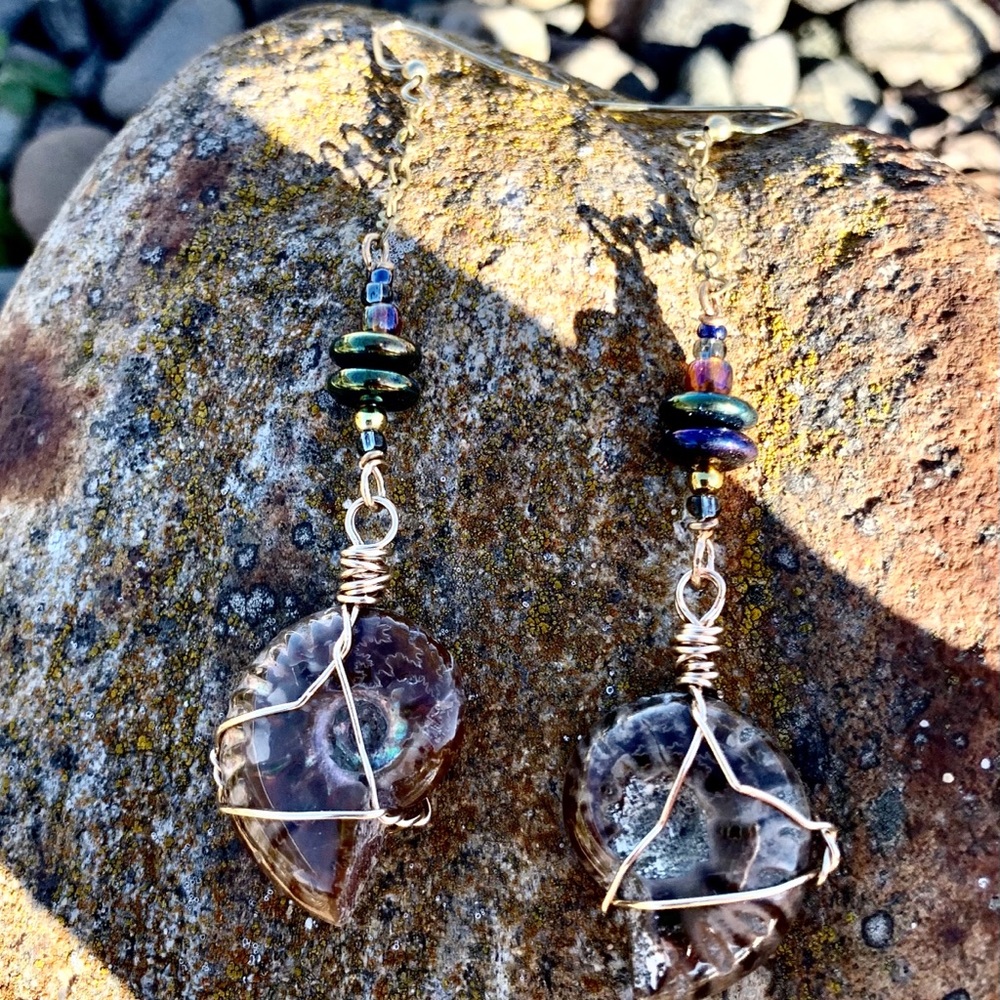 Polished Ammonite Dangle Earrings - Picture 4 of 16